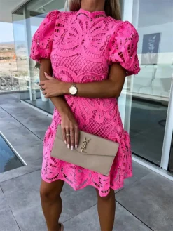 Women's Party Dress Lace Dress Cut Out Dress Mini Dress White Purple Fuchsia Short Sleeve Pure Color Lace Summer Spring Stand Collar Fashion Birthday Wedding Guest Vacation 2023 S M L XL -Party Prom Dresses Sales Store bbauvm1680508499599
