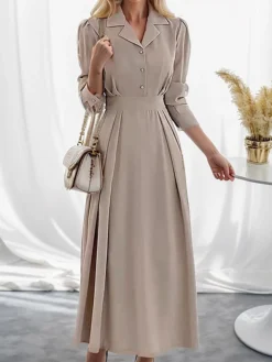 Women's Work Dress Semi Formal Dress A Line Dress Fashion Office Daily Workfashion Midi Dress Ruched Button Shirt Collar Long Sleeve Plain Loose Fit Black Brown Apricot Fall Winter S M L XL