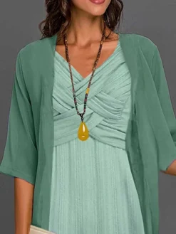 Women's Two Piece Dress Set Casual Dress Chiffon Dress Daily Vacation Fashion Elegant Twist Knot Front Midi Dress V Neck 3/4 Length Sleeve Plain Regular Fit Blue Green Summer Spring S M L XL XXL -Party Prom Dresses Sales Store bbffly1680772484527