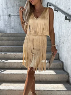 Women's Party Dress Fringe Dress Homecoming Dress Mini Dress Silver Black Gold Sleeveless Pure Color Tassel Fringe Fall Winter Autumn Spaghetti Strap Fashion Vacation 2023 S M L XL -Party Prom Dresses Sales Store bbkbqg1694166358767