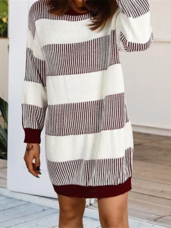 Women's Sweater Dress Winter Dress Jumper Dress Mini Dress Patchwork Outdoor Street Daily Fashion Streetwear Crew Neck Long Sleeve 2023 Loose Fit Wine Khaki Dark Blue Color S M L Size -Party Prom Dresses Sales Store bbyghh1692095290313
