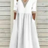 Women's Casual Dress Cotton Linen Dress Swing Dress Midi Dress Cotton Blend Basic Classic Outdoor Daily V Neck Patchwork Pocket Half Sleeve Summer Spring Fall 2023 Loose Fit White Plain S M L XL 2XL