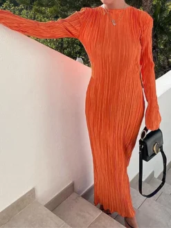 Women's Work Dress Sheath Dress Semi Formal Dress Fashion Daily Workfashion Long Dress Maxi Dress Ruched Pleated Crew Neck Long Sleeve Plain Slim Black Orange Fall Winter S M L