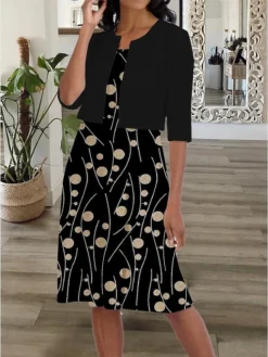 Women's Dress Set Two Piece Dress Church Dress Midi Dress Black Half Sleeve Polka Dot Ruched Summer Spring Crew Neck Casual 2023 S M L XL XXL 3XL