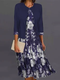 Women's Two Piece Dress Set Casual Dress Swing Dress Outdoor Office Fashion Streetwear Print Midi Dress Crew Neck 3/4 Length Sleeve Floral Regular Fit Black Purple Green Fall Winter S M L XL XXL -Party Prom Dresses Sales Store bdrhbf1695364272615