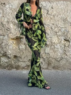 Women's Two Piece Dress Set Casual Dress Skirt Set Daily Going Out Casual Drawstring Cut Out Long Dress Maxi Dress V Neck Long Sleeve Print Slim Green Fall S M L -Party Prom Dresses Sales Store beazpx1693374467269