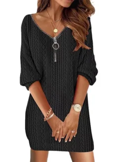 Women's Work Dress Casual Dress Sheath Dress Fashion Winter Dress Daily Mini Dress Backless V Neck Long Sleeve Plain Loose Fit Black White Pink Fall Winter S M L XL XXL -Party Prom Dresses Sales Store bejjio1695030995652