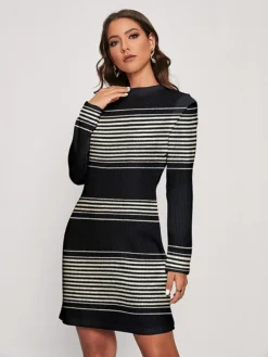 Women's Sweater Dress Winter Dress Jumper Dress Midi Dress Warm Stripe Outdoor Daily Holiday Vacation Round Neck Long Sleeve 2023 Regular Fit Black White S M L XL XXL 3XL