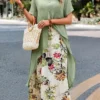Women's Two Piece Dress Set Casual Dress Print Dress Outdoor Daily Fashion Streetwear Button Print Midi Dress Crew Neck Short Sleeve Floral Loose Fit Green Summer Spring S M L XL XXL