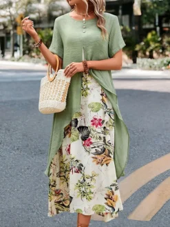 Women's Two Piece Dress Set Casual Dress Print Dress Outdoor Daily Fashion Streetwear Button Print Midi Dress Crew Neck Short Sleeve Floral Loose Fit Green Summer Spring S M L XL XXL