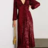 Women's Prom Dress Party Dress Sequin Dress Midi Dress Wine Long Sleeve Pure Color Ruched Fall Winter Autumn V Neck Fashion Evening Party Vacation Slim 2023 S M L XL