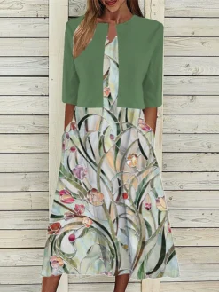 Women's Two Piece Dress Set Casual Dress Tank Dress Outdoor Daily Fashion Streetwear Pocket Print Midi Dress V Neck 3/4 Length Sleeve Floral Regular Fit Navy Blue Blue Purple Summer Spring S M L XL -Party Prom Dresses Sales Store bffbcd1689736426438