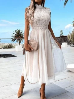 Women‘s Party Dress Wedding Guest Dress Lace Dress Swing Dress Midi Dress White Sleeveless Pure Color Lace Spring Summer Crew Neck Classic Daily Date Slim 2023 S M L XL