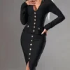 Women's Work Dress Sheath Dress Black Dress Fashion Midi Dress Button Split V Neck Long Sleeve Plain Regular Fit Black Summer Spring S M L XL