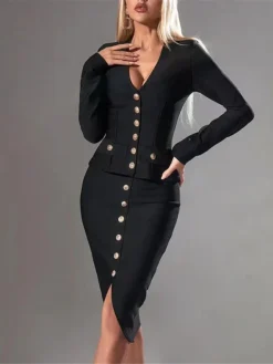 Women's Work Dress Sheath Dress Black Dress Fashion Midi Dress Button Split V Neck Long Sleeve Plain Regular Fit Black Summer Spring S M L XL