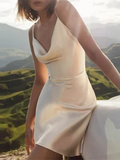 Women's Party Dress Satin Dress Semi Formal Dress Mini Dress Beige Light Blue Sleeveless Pure Color Backless Summer Spring Spaghetti Strap Party Vacation Summer Dress Spring Dress 2023 S M L XL -Party Prom Dresses Sales Store bfixea1676452338795