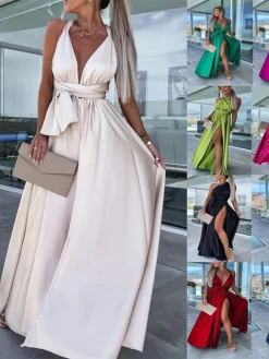 Women's Party Dress Homecoming Dress Satin Dress Pink Dress Long Dress Maxi Dress Black Light Green Wine Sleeveless Pure Color Lace Up Summer Spring Fall V Neck Fashion Evening Party Wedding Guest