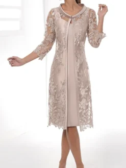 Women‘s Dress Set Two Piece Dress Sheath Dress Midi Dress Khaki 3/4 Length Sleeve Floral Lace Summer Spring Fall V Neck Fashion Party Wedding Guest 2023 S M L XL 2XL 3XL 4XL Pink As Picture