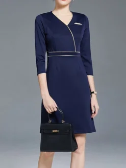 Women's Work Dress Sheath Dress Semi Formal Dress Fashion Office Daily Workfashion Mini Dress Patchwork Zipper V Neck 3/4 Length Sleeve Plain Regular Fit Navy Blue Fall Winter S M L XL XXL -Party Prom Dresses Sales Store bglimq1695030988853