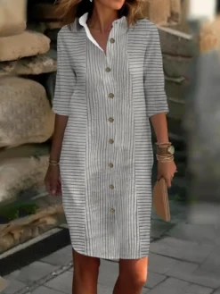 Women's Shirt Dress Casual Dress Cotton Linen Dress Midi Dress Polyester Fashion Casual Daily Outdoor Daily Vacation Shirt Collar Button Print 3/4 Length Sleeve Summer Spring Fall 2023 Loose Fit Blue