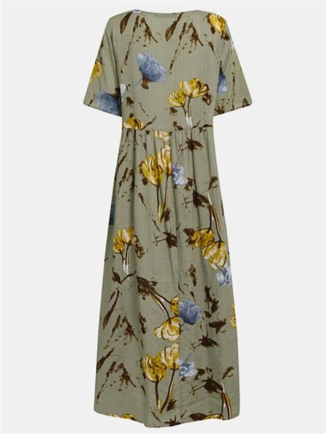 Women's Casual Dress Cotton Linen Dress Swing Dress Maxi Long Dress Cotton Blend Basic Casual Outdoor Daily Vacation Crew Neck Ruched Print Short Sleeve Summer Spring 2023 Loose Fit Green Khaki Flower 2 Women's Casual Dress Cotton Linen Dress Swing Dress Maxi Long Dress Cotton Blend Basic Casual Outdoor Daily Vacation Crew Neck Ruched Print Short Sleeve Summer Spring 2023 Loose Fit Green Khaki Flower - Image 2