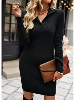 Women‘s Sweater Dress Winter Dress Bodycon Green Pink Champagne Brown Black Long Sleeve Pure Color Button Spring Summer Shirt Collar Stylish Modern 2022 S M L XL Sheath Dress -Party Prom Dresses Sales Store bhflem1659942317287