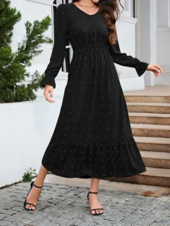 Women's Work Dress Swing Dress Black Dress Fashion Midi Dress Ruched V Neck Long Sleeve Plain Loose Fit Black Red Blue Fall Winter S M L XL XXL -Party Prom Dresses Sales Store bhhqvz1693300589090