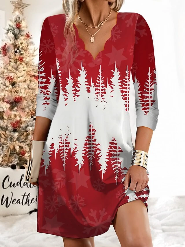 Women's Christmas Work Dress Casual Dress Fashion Winter DressDaily Mini Dress Print V Neck Long Sleeve SnowmanTree Regular Fit White Wine Green Fall Winter S M L XL XXL 1 Women's Christmas Work Dress Casual Dress Fashion Winter DressDaily Mini Dress Print V Neck Long Sleeve SnowmanTree Regular Fit White Wine Green Fall Winter S M L XL XXL