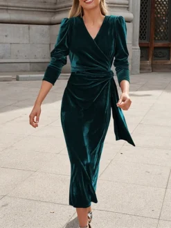 Women's Party Dress Velvet Dress Cocktail Dress Midi Dress Black Red Royal Blue Long Sleeve Pure Color Lace Up Spring Fall Winter V Neck Fashion Winter Dress Wedding Guest Vacation 2023 S M L XL -Party Prom Dresses Sales Store birzrv1692858680312