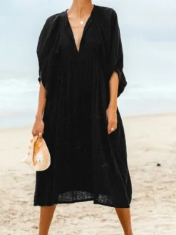 Women's Casual Dress Cotton Linen Dress Shift Dress Midi Dress Cotton Fashion Traditional / Vintage Outdoor Daily Vacation Crew Neck Ruched 3/4 Length Sleeve Fall Winter Autumn 2023 Loose Fit Black