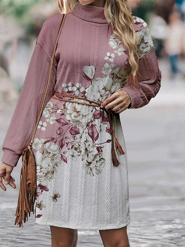 Women's Sweater Dress Jumper Dress Casual Dress Mini Dress Warm Floral Outdoor Daily Vacation Going Out Turtleneck Long Sleeve 2023 Loose Fit Blue Purple Green S M L XL XXL 3XL 3 Women's Sweater Dress Jumper Dress Casual Dress Mini Dress Warm Floral Outdoor Daily Vacation Going Out Turtleneck Long Sleeve 2023 Loose Fit Blue Purple Green S M L XL XXL 3XL - Image 3