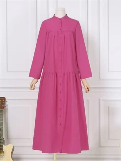 Women's Shirt Dress Casual Dress Cotton Linen Dress Maxi Long Dress Cotton Basic Classic Outdoor Daily Vacation Stand Collar Button Pocket Long Sleeve Spring Fall Winter 2023 Loose Fit Black Red Camel -Party Prom Dresses Sales Store bjkokf1692784196682