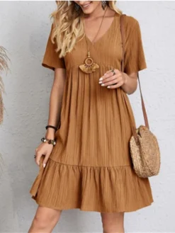 Women's Casual Dress Cotton Linen Dress Swing Dress Mini Dress Polyester Basic Classic Outdoor Daily Vacation V Neck Ruffle Short Sleeve Summer Spring 2023 Regular Fit Black Pink Red Plain S M L XL -Party Prom Dresses Sales Store bkesjw1690357006767