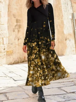 Women's Work Dress Casual Dress Swing Dress Fashion Winter Dress Daily Long Dress Maxi Dress Button Print V Neck Long Sleeve Floral Ombre Regular Fit Blue Gold Green Fall Winter S M L XL XXL