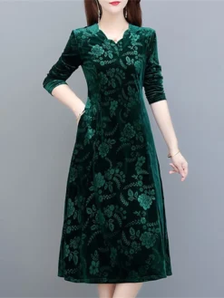Women's Party Dress Velvet Dress Print Dress Midi Dress Maroon Dark Green Purple Long Sleeve Floral Print Spring Fall Winter V Neck Stylish Party Winter Dress Wedding Guest 2023 XL 2XL 3XL 4XL 5XL 6XL