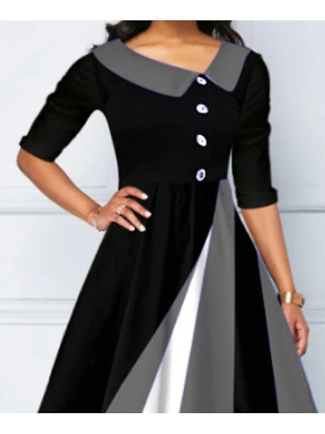 Women's Casual Dress Church Dress Midi Dress Black Half Sleeve Color Gradient Patchwork Summer Spring V Neck Modern 2023 S M L XL 2XL 3XL 2 Women's Casual Dress Church Dress Midi Dress Black Half Sleeve Color Gradient Patchwork Summer Spring V Neck Modern 2023 S M L XL 2XL 3XL - Image 2