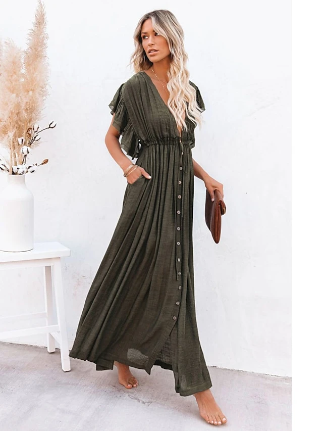Women's Swing Dress Maxi Long Dress Green Orange Rust Red White Black Backless Short Sleeve Solid Color Summer Spring V Neck Boho Beach Loose 2023 One-Size 9 Women's Swing Dress Maxi Long Dress Green Orange Rust Red White Black Backless Short Sleeve Solid Color Summer Spring V Neck Boho Beach Loose 2023 One-Size - Image 9