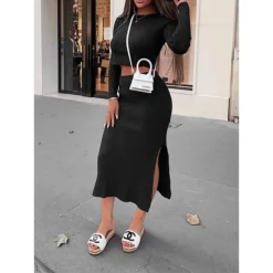 Women's Two Piece Dress Set Casual Dress Sweater Dress Outdoor Daily Fashion Streetwear Split Midi Dress Crew Neck Long Sleeve Plain Regular Fit Black White Orange Fall Winter S M L XL XXL -Party Prom Dresses Sales Store bkxbvd1695635371156