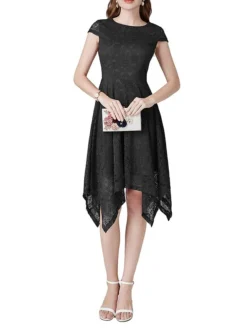 Women's Party Dress Lace Dress Cocktail Dress Midi Dress Black Pink Wine Short Sleeve Pure Color Lace Spring Fall Winter V Neck Fashion Winter Dress Wedding Guest Vacation 2023 S M L XL XXL -Party Prom Dresses Sales Store blfyhi1692180410392