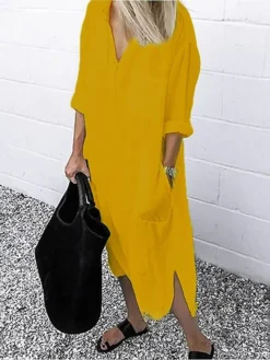Women‘s Casual Dress Cotton Dress Shirt Dress Swing Dress Midi Dress Blue Yellow Red Long Sleeve Pure Color Pocket Summer Fall Spring Shirt Collar Basic Daily Weekend Loose Fit 2023 S M L XL XXL 3XL -Party Prom Dresses Sales Store bliqyx1660214016055