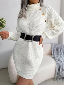 Women's Sweater Dress Winter Dress Jumper Dress Mini Dress Button Outdoor Street Daily Fashion Streetwear Turtleneck Long Sleeve 2023 Loose Fit White Pink Army Green Color S M L Size