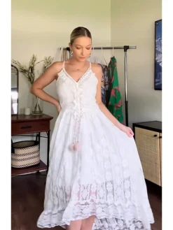 Women's Party Dress Casual Dress Holiday Dress Long Dress Maxi Dress White Beige Sleeveless Print Lace Summer Spring V Neck Basic Vacation 2023 S M L XL XXL -Party Prom Dresses Sales Store blvtce1692674632429