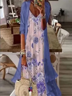 Women's Two Piece Dress Set Casual Dress Print Dress Outdoor Daily Fashion Casual Print Long Dress Maxi Dress Crew Neck 3/4 Length Sleeve Floral Loose Fit Blue Green Summer Spring S M L XL XXL -Party Prom Dresses Sales Store blwncy1687679705470
