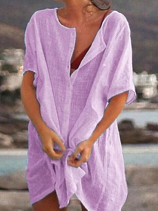 Women's Casual Dress Shirt Dress Cotton Linen Dress Mini Dress Blue Purple Pink Short Sleeve Pure Color Spring Summer V Neck Beach Basic Daily Weekend Loose Fit Linen S M L XL XXL 3XL 16 Women's Casual Dress Shirt Dress Cotton Linen Dress Mini Dress Blue Purple Pink Short Sleeve Pure Color Spring Summer V Neck Beach Basic Daily Weekend Loose Fit Linen S M L XL XXL 3XL - Image 16