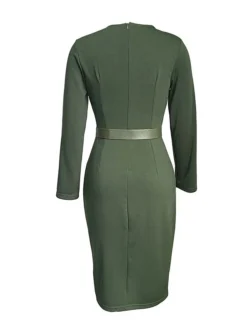 Women's Work Dress Casual Dress Sheath Dress Fashion Office Daily Workfashion Midi Dress Lace Up Ruched V Neck Long Sleeve Plain Regular Fit Red Green Dark Blue Fall Winter S M L XL XXL -Party Prom Dresses Sales Store bmjxsq1695645168433