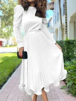 Women's Two Piece Dress Set Party Dress Skirt Set Party Wedding Guest Fashion Party Pleated Ruffle Midi Dress Stand Collar Long Sleeve Plain Loose Fit White Yellow Red Fall Winter S M L XL XXL -Party Prom Dresses Sales Store bmpbyj1697597416007