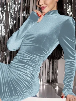 Women's Party Dress Velvet Dress Cocktail Dress Mini Dress Black Pink Blue Long Sleeve Pure Color Ruched Fall Winter Autumn Stand Collar Fashion Winter Dress Vacation 2023 S M L XL XXL 3XL -Party Prom Dresses Sales Store bmxabm1694166369041