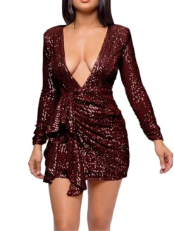 Women's Party Dress Sequin Dress Homecoming Dress Mini Dress Silver Black Pink Long Sleeve Pure Color Sequins Spring Fall Winter Deep V Party Spring Dress 2023 S M L XL 2XL -Party Prom Dresses Sales Store bmxeed1672223548204