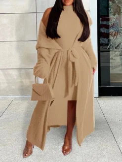 Women's Two Piece Dress Set Casual Dress Sheath Dress Daily Going Out Fashion Streetwear Lace Up Midi Dress Stand Collar Long Sleeve Plain Slim Black Yellow Wine Fall Winter S M L XL XXL -Party Prom Dresses Sales Store bmxubp1693295531946