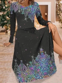 Women's Work Dress Casual Dress Swing Dress Fashion Winter Dress Christmas Daily Midi Dress Print Crew Neck Long Sleeve Christmas Tree Regular Fit Black Wine Red Fall Winter S M L XL XXL -Party Prom Dresses Sales Store bngcay1695264758957